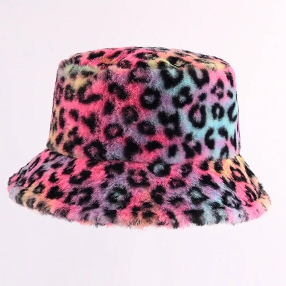Leopard Rainbow Furry Fuzzy Bucket Hat - Etsy display picture 1