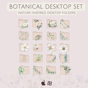 Puede incluir: Un conjunto de 16 iconos de carpetas de escritorio botánicas con flores blancas y hojas verdes sobre un fondo rosa claro. Los iconos están diseñados para los sistemas operativos Apple y Windows.