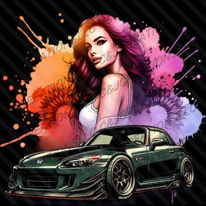 May include: Digital art print featuring a woman with long, red hair and a white tank top, set against colorful paint splatters and a black background. A dark green sports car is in the foreground, with the Honda logo visible.