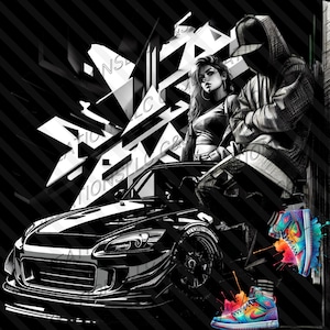 Könnte beinhalten: Schwarzweiß-Illustration einer Person mit Kapuzenpullover und einer Frau, die neben einem schwarzen Sportwagen steht. Das Auto hat einen weißen Streifen auf der Motorhaube und einen weißen Streifen an der Seite. Die Frau trägt ein schwarzes Oberteil und Jeans. Der Hintergrund ist ein schwarzweißes Muster.