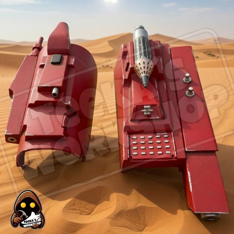 May include: Two red prop devices, possibly from a science fiction film, rest on sand. One has a cylindrical component and a keypad, the other has a curved shape. The props are weathered and detailed.