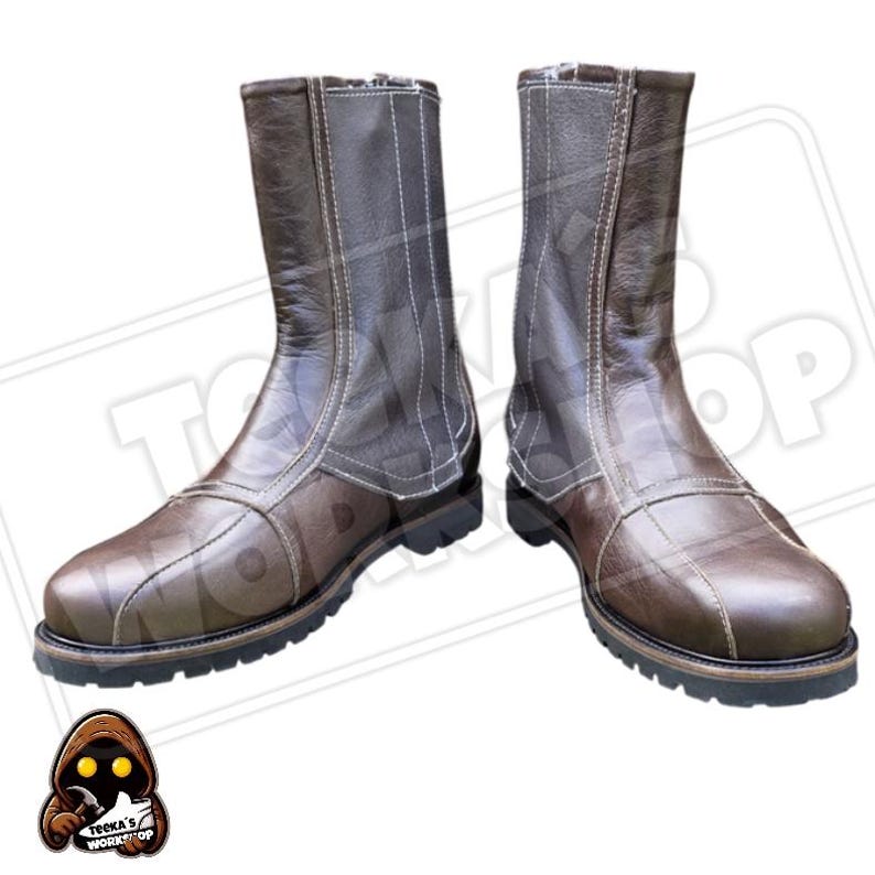 May include: A pair of brown leather boots with a zip closure and white stitching. The boots have a rounded toe and a thick, black sole. The boots are approximately 20 cm tall.