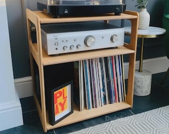 Mid Century Turntable Stand with Vinyl Storage, Baltic Birch Plywood Audio Rack, Nightstand for Record Player, Minimalist HiFi Console,