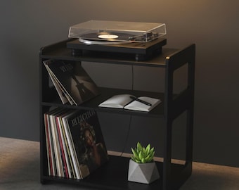 Mid-Century Modern Wooden Record Player Stand – Handcrafted Black Turntable Station with Vinyl Record Storage, Minimalist Design