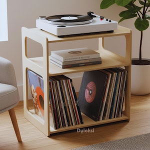 Mid-Century Modern Wooden Record Player Stand – Handcrafted Turntable Station with Vinyl Record Storage, Minimalist Design, Easy Assembly