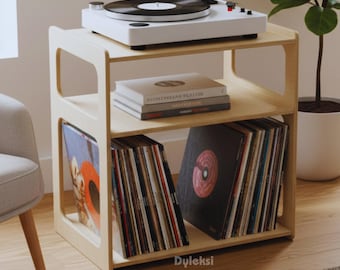 Supporto per giradischi in legno in stile moderno di metà secolo: stazione giradischi artigianale con contenitore per dischi in vinile, design minimalista, facile da montare