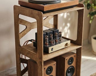 Mid Century Modern Turntable Stand & Vinyl Storage, Baltic Birch Audio Rack, Tall Nightstand, Minimalist Printer Cart, Audiophile Gift