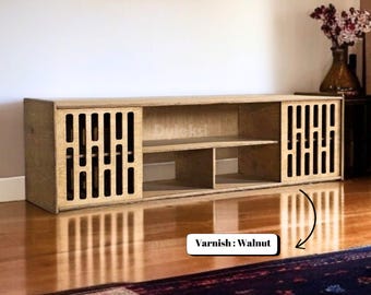 Handcrafted Wooden TV Stand: Modern Rustic Media Console with Storage