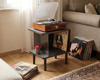 Handcrafted Record Player Stand: Mid-Century Modern Vinyl Storage, Wooden Turntable Stand, Rustic Design Table