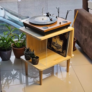 Record Player Stand – Pine Solid wood Handcrafted Turntable Station with Vinyl Record Storage Plexi - Plexiglass