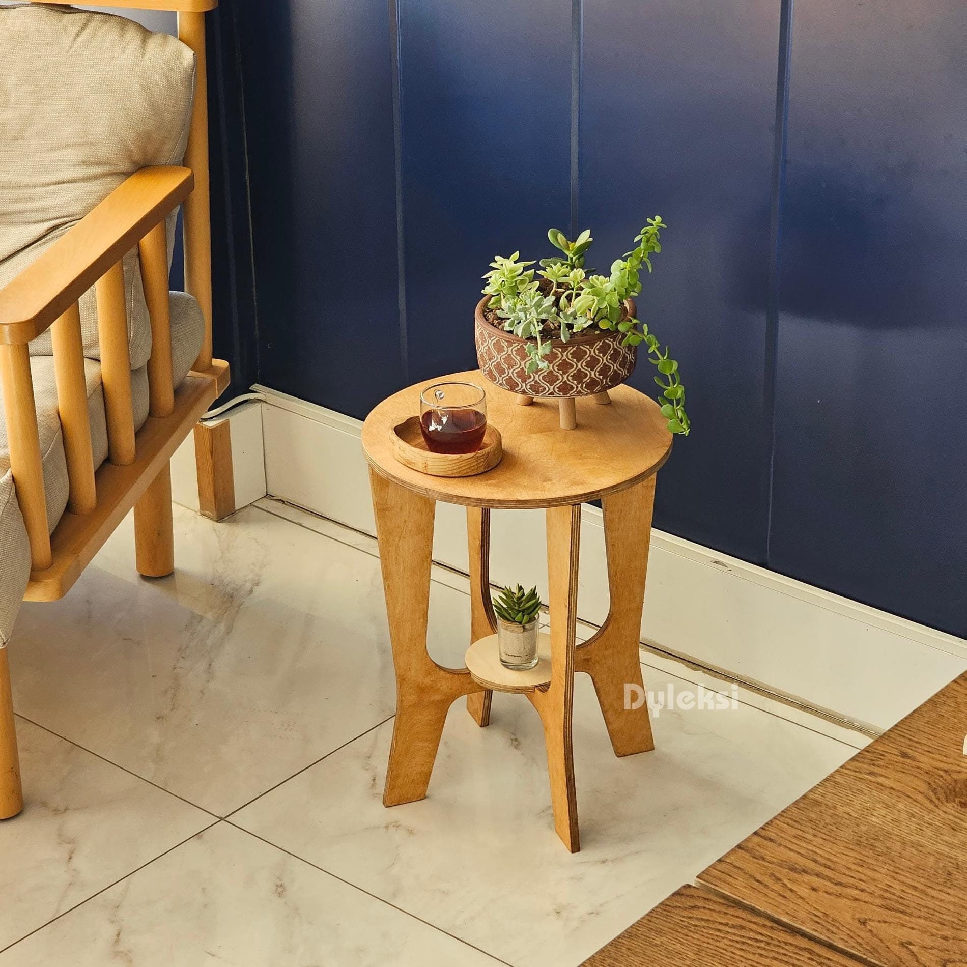 Handcrafted Two-tier Wooden Side Table: Round Plant Stand, Stool