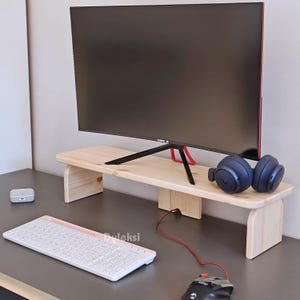 Solid Pine Wooden Monitor Stand, Riser, Desk Shelf, Desk Accessories, Ergonomic Laptop Speaker Desk Stand, Elevated Screen, Cable‑Management