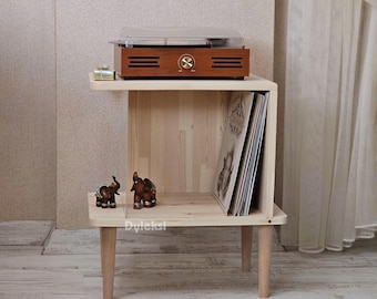 Soporte para tocadiscos de pino hecho a mano: almacenamiento de vinilos de estilo moderno de mediados de siglo.