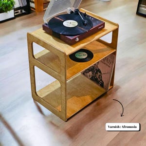 Mid-Century Modern Wooden Record Player Stand – Handcrafted Turntable Station with Vinyl Record Storage, Minimalist Design, Easy Assembly