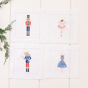 Embroidered Linen Nutcracker Cocktail Napkins - Set of 4