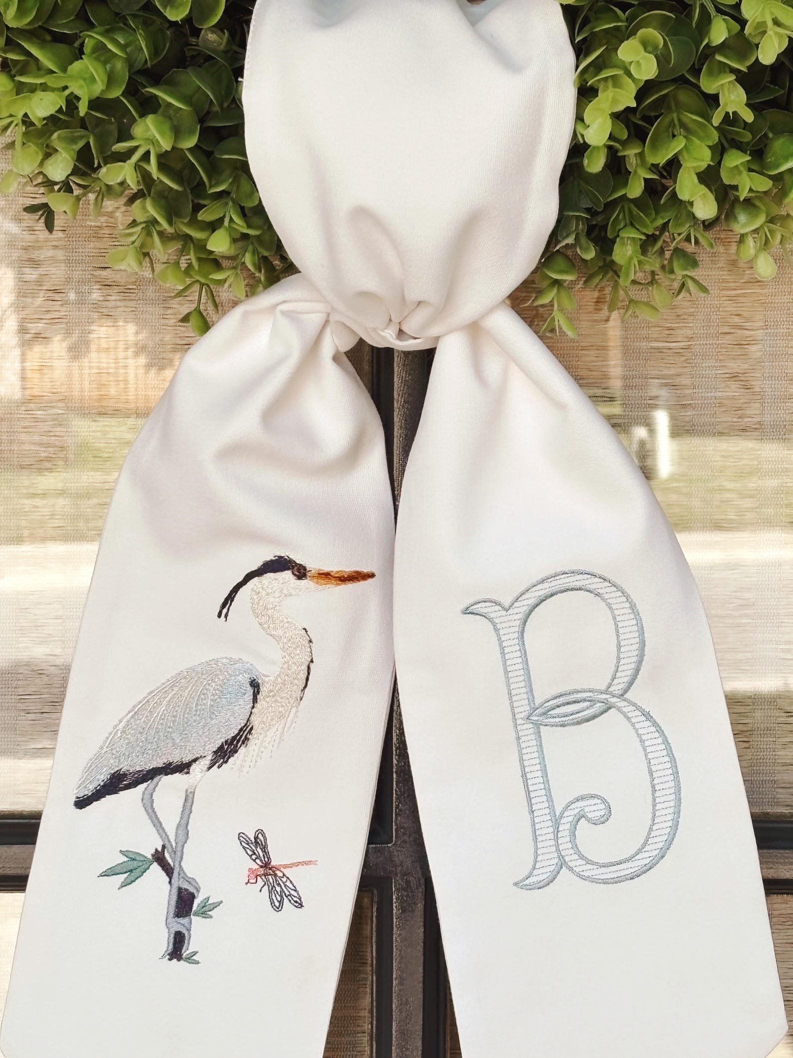 Heron with Initial Wreath Sash, housewarming gift