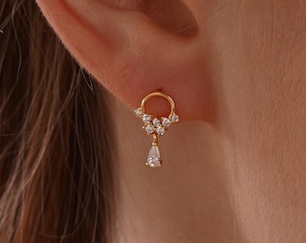 Dainty 14K Gold Drop Earrings, CZ Gold Stud Earrings, Sterling Silver Minimalist Earrings, Hypoallergenic Jewelry, Bridesmaid Gifts for Her