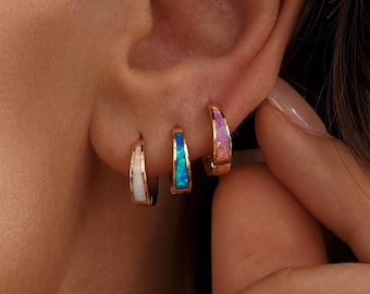 Dainty Opal Huggie Hoop Earrings, White/Blue/Pink Opal Huggie Earrings, Minimalist Gold Earrings, Bridesmaid Gift, Mothers Day Gift for Her