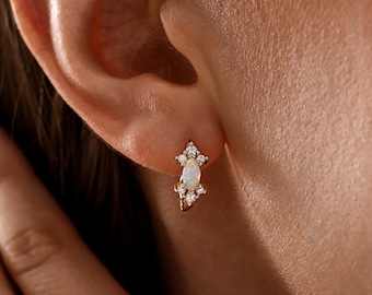 Marquise Opal Huggie Earrings, Dainty White Opal Hoop Earrings, CZ Opal Earrings for Women, Vintage Inspired Jewelry, Birthday Gifts for Her