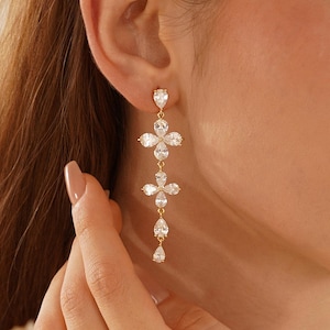 Diamond Floral Stud Earrings, Dainty Dangle Flower Diamond Earrings, Crystal Earrings for Wedding, Bridesmaid Gifts for Her, Christmas Gifts
