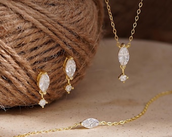 Marquise CZ Necklace Earrings Bracelet Set, Sterling Silver Jewelry Set, Dainty Bridal Jewelry Set, Wedding Jewelry, Bridesmaid Gift for Her