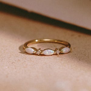 18K Gold Marquise Opal Ring, Diamond & Opal Marquise Ring, Dainty Opal Ring, Minimalist Stacking Ring, Promise Ring, Birthday Gift for Her