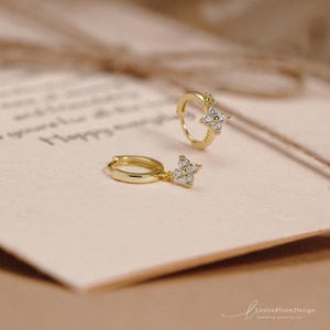 Minimalist Flower Huggie Hoop Earrings, Gold Dangle Diamond Earrings, Dainty Hoop Earrings, Bridesmaid Gifts for Mom, Birthday Gifts for Her