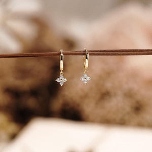 Minimalist Flower Huggie Hoop Earrings, Gold Dangle Diamond Earrings, Dainty Hoop Earrings, Bridesmaid Gifts for Mom, Birthday Gifts for Her