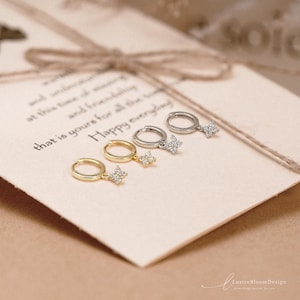 Minimalist Flower Huggie Hoop Earrings, Gold Dangle Diamond Earrings, Dainty Hoop Earrings, Bridesmaid Gifts for Mom, Birthday Gifts for Her