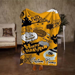 Manta de Halloween retro con nombre personalizado, manta de Halloween de calabaza vintage, decoración de otoño, decoración del hogar de fantasmas de Halloween, regalos de Halloween.