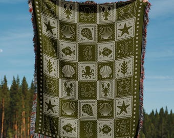 Küsten gewebte Decke | Ocean Sea Life werfen | Sommer Nautische Quilt | Strandhaus Dekor | Muschel Seestern Krake | Cottagecore Wandteppich
