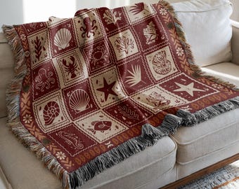Gewebte Ocean Sea Life Decke | Küsten werfen | Sommer Nautische Quilt | Strandhaus Dekor | Muschel Seestern Krake | Cottagecore Wandteppich