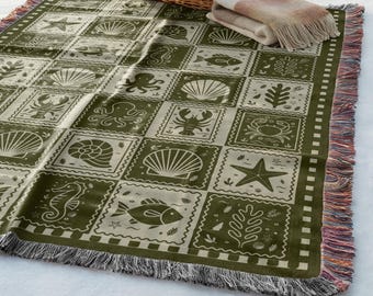 Küsten gewebte Decke | Ocean Sea Life werfen | Sommer Nautische Quilt | Strandhaus Dekor | Muschel Seestern Krake | Cottagecore Wandteppich