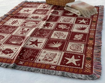 Ocean Sea Life gewebte Decke | Küsten werfen | Sommer Nautische Quilt | Strandhaus Dekor | Muschel Seestern Krake | Cottagecore Wandteppich