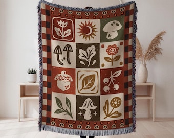 Vintage Folk Art gewebte Decke, Florale Quilt Decke, Nordische Cottagecore Decke, Gemütliche Boho Rustikale Wanddeko