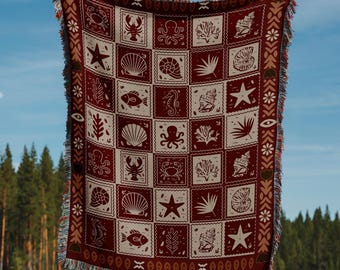 Gewebte Baumwolle Sea Life Decke | Küsten werfen | Sommer Nautische Quilt | Strandhaus Dekor | Muschel Seestern Krake | Cottagecore Wandteppich