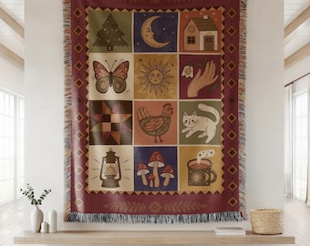Cottagecore gewebte Decke, Sonne Mond mystischer Überwurf, Volkskunst Tapisserie, Boho Quilt Stil Dekor