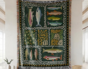 Berglachs Forelle Fisch Webdecke | Fischende Cabin Rustikale Hütte werfen Wandbehang | Naturbursche Geschenk | Lake Haus Dekor