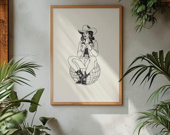 Disko Cowgirl Digitale Wand Kunst Druck Retro Western Cowgirl Kunst Cowboy Stiefel Vintage Ästhetik Wohnkultur Spaß druckbare Wandkunst Download