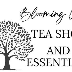 May include: A monochrome logo for "Blooming Leaf Tea Shop and Essentials." The design includes a tree graphic to the left of the text. The text is a mix of cursive and block lettering.