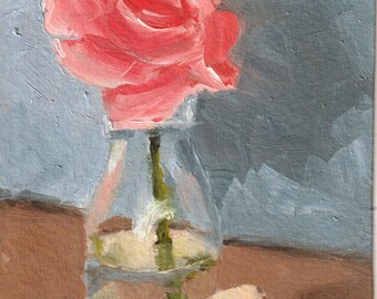 Pink Rose in Glass Vase Original Oil Painting