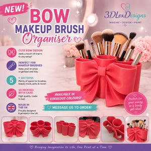 May include: A bright pink makeup brush organiser featuring a prominent bow design on the front. The container has five distinct cylindrical sections for holding various brushes and tools. The text reads NEW! BOW MAKEUP BRUSH Organiser.