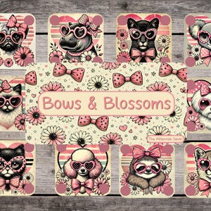 May include: A collection of square cards featuring various animals wearing heart-shaped glasses and bows, surrounded by flowers. The cards have a pink and cream color scheme, with the text "Bows & Blossoms" in the center.