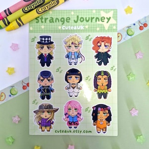 May include: A sticker sheet titled Strange Journey featuring nine chibi-style anime character illustrations. The characters have distinct hair colours including blonde, orange, black, and pink, wearing varied outfits. The background is a light green grid.