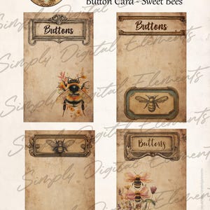 May include: Printable vintage style button card featuring sweet bees. The design includes four rectangular cards with a sepia tone background. Each card has a decorative frame with the word "Buttons" and illustrations of bees and flowers.