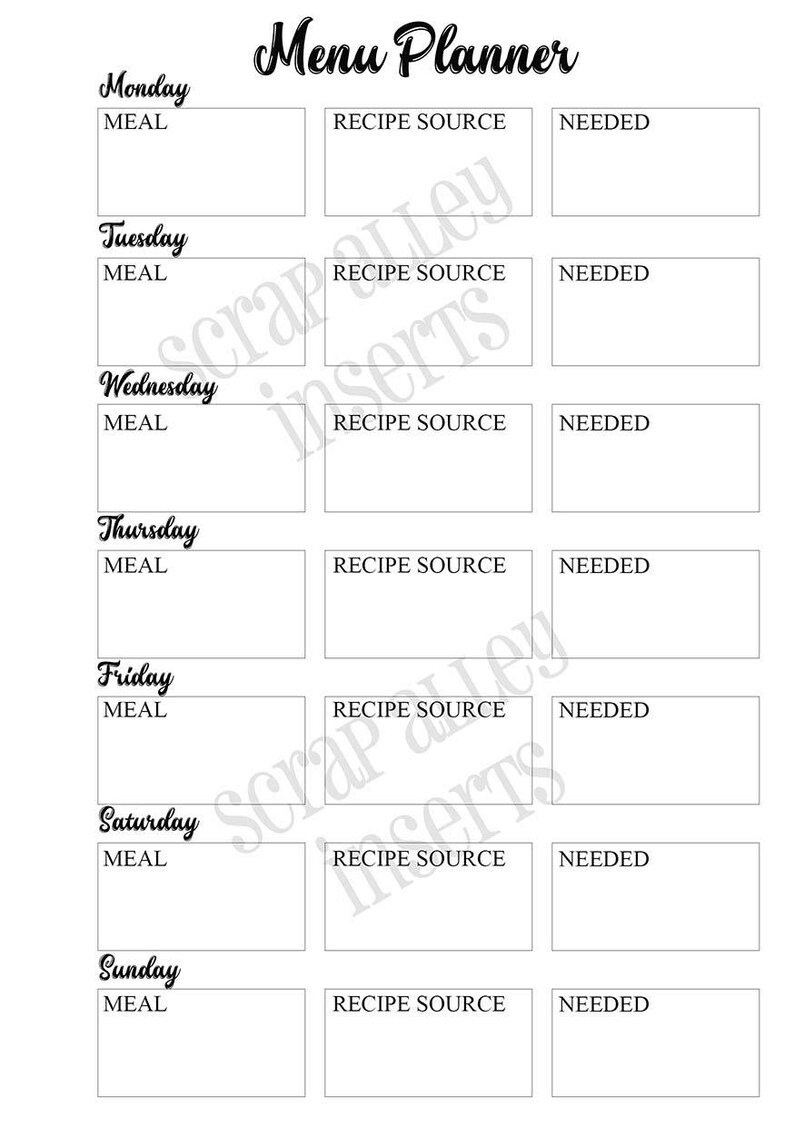 Daily Menu Planner Printable DIGITAL DOWNLOAD A5 Size Perfect for Kikki ...