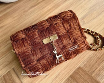 Vintage style ribbon weave shoulder bag, Handmade plastik canvas purse, Earthy brown evening bag