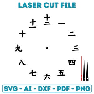 May include: Black and white clock face with Chinese numerals and hands. The clock face has a black dot in the center and the numbers are arranged in a circle around the dot. The hands are red and black. The text "LASER CUT FILE" is at the top of the image. The text "SVG - AI - DXF - PDF - PNG" is at the bottom of the image.
