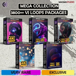 Op de afbeelding: Een verzameling videostock footage pakketten, met meer dan 3800 VJ loops. De dozen tonen futuristische 3D visuals in 4K en 1080p resolutie. De tekst op de dozen luidt "MEGA COLLECTION", "VERY RARE" en "EXCLUSIVE".