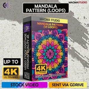 May include: A product box with a colourful mandala design in pink, yellow, blue, and purple. The box displays the text "MANDALA PATTERN (LOOPS)" and "4K ULTRAHD" with the words "VIDEO STOCK FOOTAGE PREMIUM QUALITY 4K". The product is from Magma Studio.
